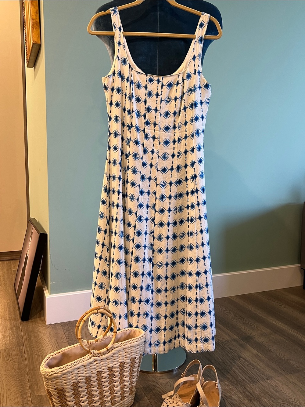 Christian Lacroix White and Blue Sleeveless Maxi Dress